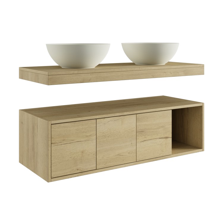 1200mm Wood Effect Wall Hung Double Countertop Vanity Unit with Unglazed Basins and Shelf - Porto