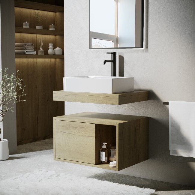 600mm Wood Effect Wall Hung Countertop Vanity Unit with Rectangular Basin and Shelf - Porto