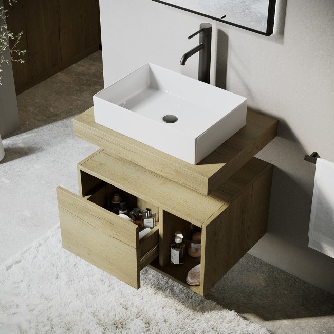 600mm Wood Effect Wall Hung Countertop Vanity Unit with Rectangular Basin and Shelf - Porto