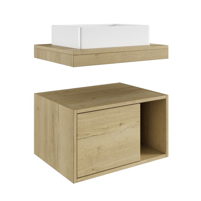 600mm Wood Effect Wall Hung Countertop Vanity Unit with Rectangular Basin and Shelf - Porto