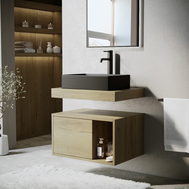 600mm Wood Effect Wall Hung Countertop Vanity Unit with Black Rectangular Basin and Shelf – Porto