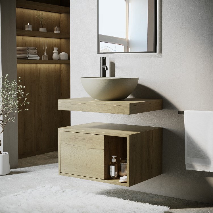 600mm Wood Effect Wall Hung Countertop Vanity Unit with Unglazed Basin and Shelf – Porto