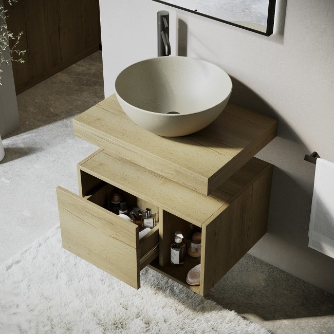 600mm Wood Effect Wall Hung Countertop Vanity Unit with Unglazed Basin and Shelf – Porto