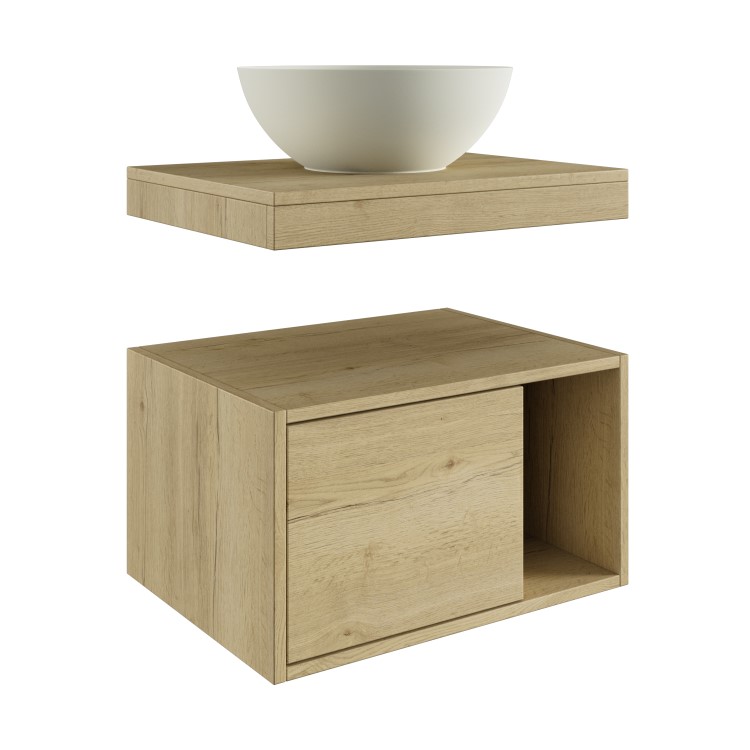 600mm Wood Effect Wall Hung Countertop Vanity Unit with Unglazed Basin and Shelf – Porto