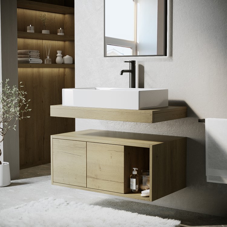 800mm Wood Effect Wall Hung Countertop Vanity Unit with Rectangular Basin and Shelf - Porto