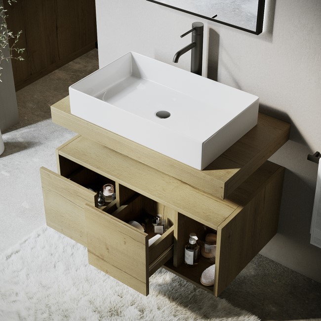 800mm Wood Effect Wall Hung Countertop Vanity Unit with Rectangular Basin and Shelf - Porto