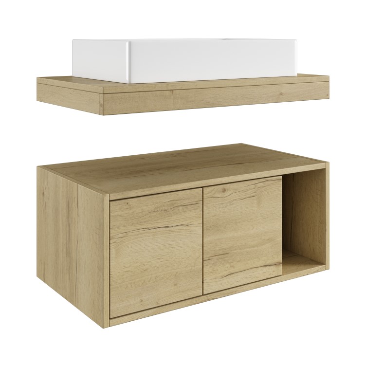 800mm Wood Effect Wall Hung Countertop Vanity Unit with Rectangular Basin and Shelf - Porto