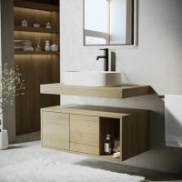 800mm Oak Wall Hung Countertop Vanity Unit with Oval Basin and Shelves - Porto