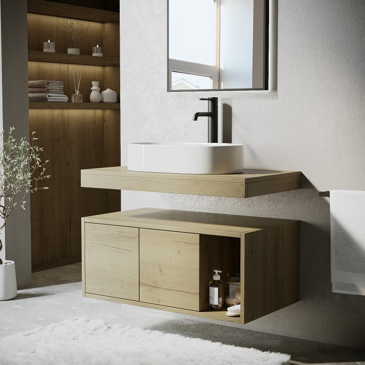 800mm Wood Effect Wall Hung Countertop Vanity Unit with Oval Basin and Shelf - Porto