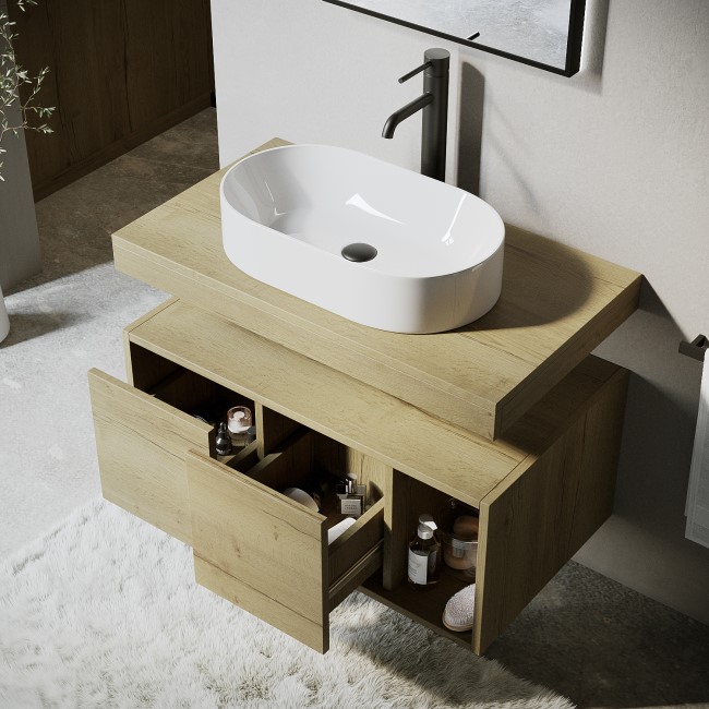 800mm Wood Effect Wall Hung Countertop Vanity Unit with Oval Basin and Shelf - Porto