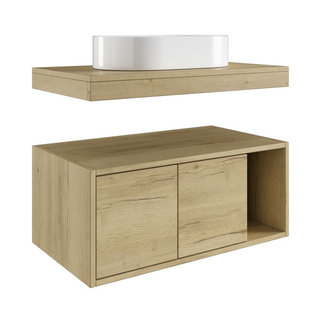 800mm Wood Effect Wall Hung Countertop Vanity Unit with Oval Basin and Shelf - Porto