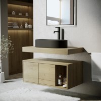 Grade A1 - 800mm Wood Effect Wall Hung Countertop Vanity Unit with Black Oval Basin and Shelf - Porto