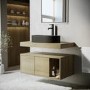 Grade A1 - 800mm Wood Effect Wall Hung Countertop Vanity Unit with Black Oval Basin and Shelf - Porto