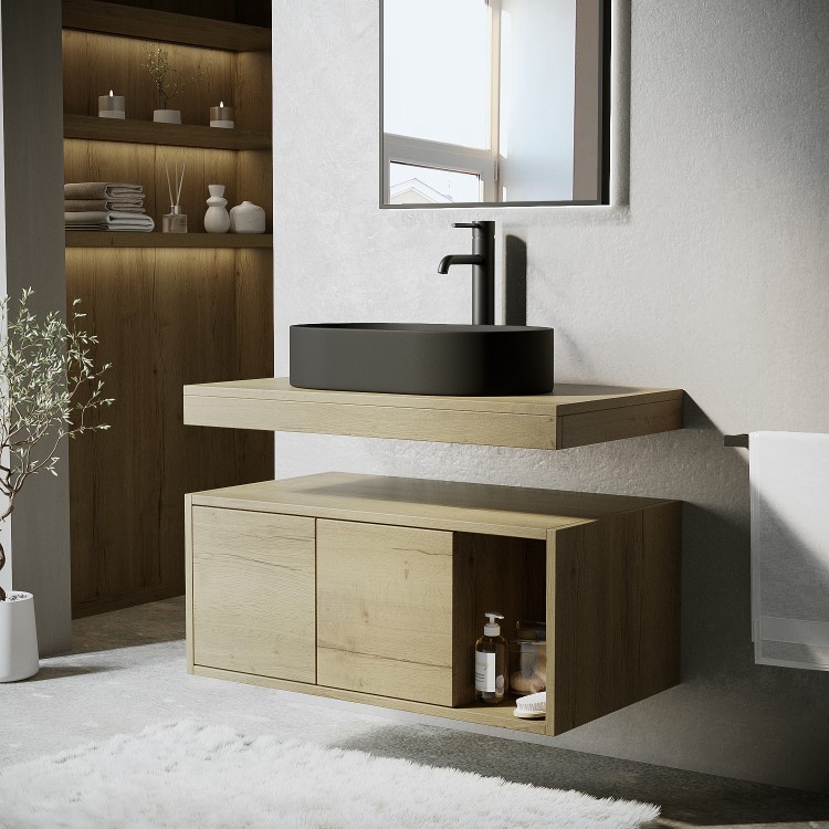 800mm Wood Effect Wall Hung Countertop Vanity Unit with Black Oval Basin and Shelf - Porto