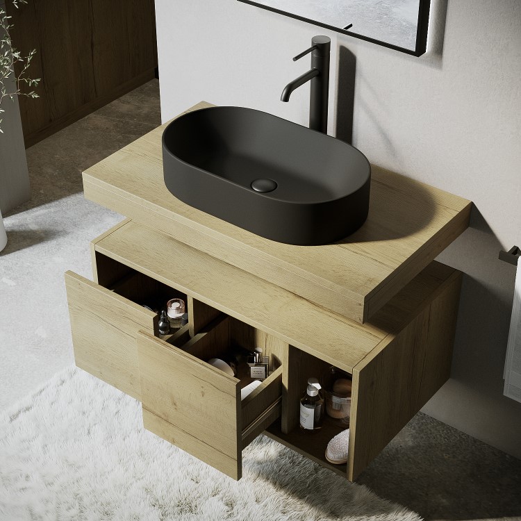 800mm Wood Effect Wall Hung Countertop Vanity Unit with Black Oval Basin and Shelf - Porto