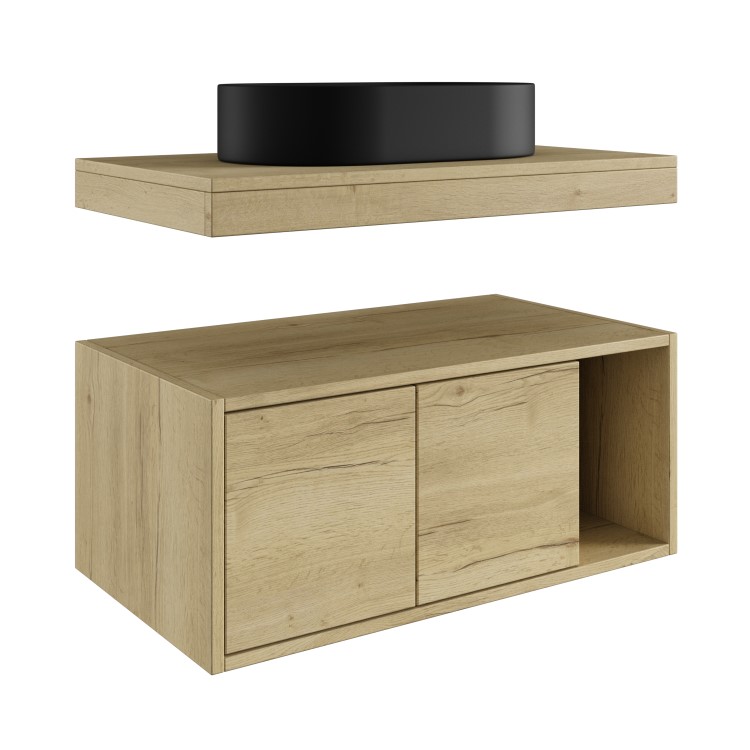 800mm Wood Effect Wall Hung Countertop Vanity Unit with Black Oval Basin and Shelf - Porto