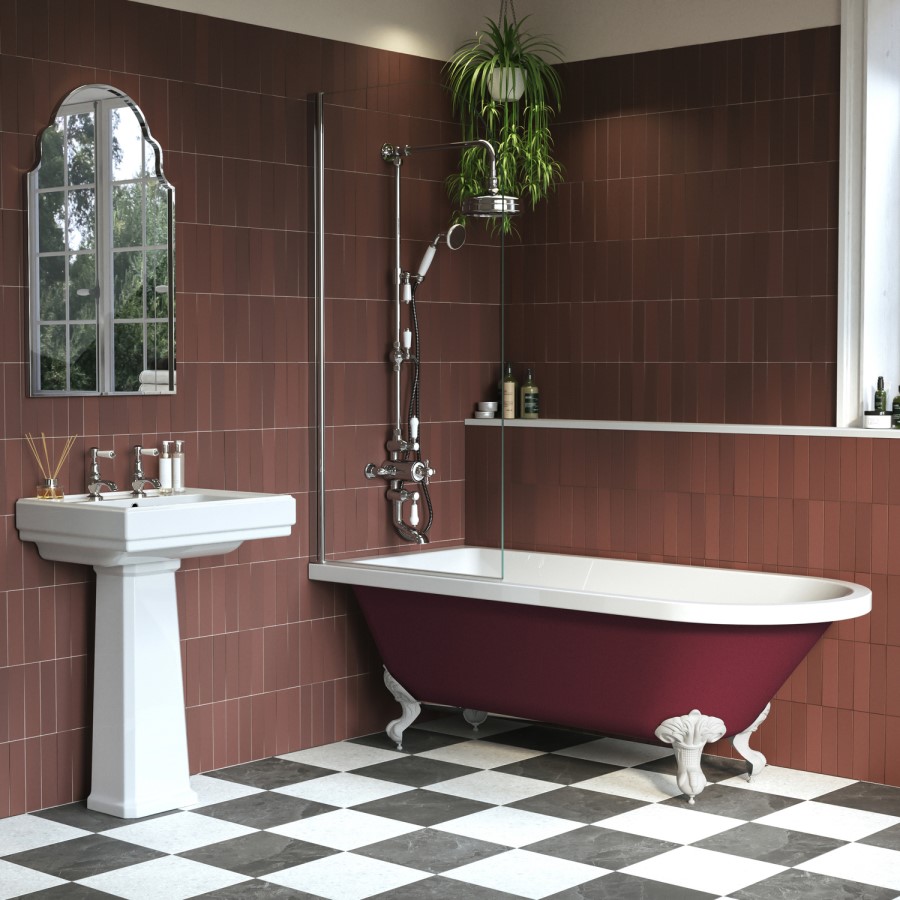 Burgandy Freestanding Single Ended Shower Bath with Chrome Screen & White Feet 1670 x 740mm - Park Royal