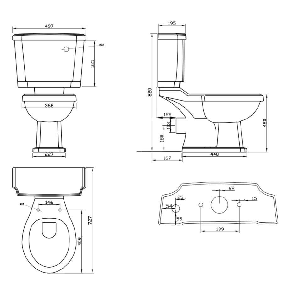 Close Coupled Traditional Toilet with Black Wooden Soft Close Seat & Black Flush Lever - Park Royal