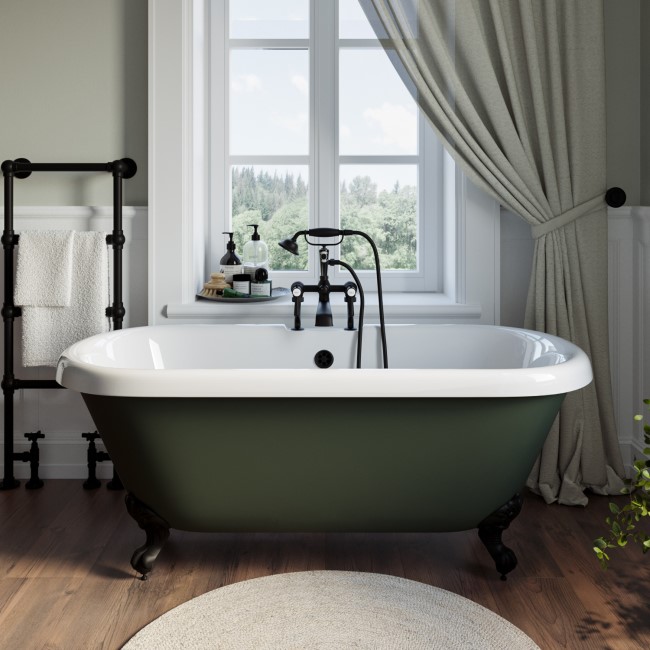 Grade A1 - Freestanding Dark Green Double Ended Roll Top Bath with Black Feet 1515 x 740mm - Park Royal