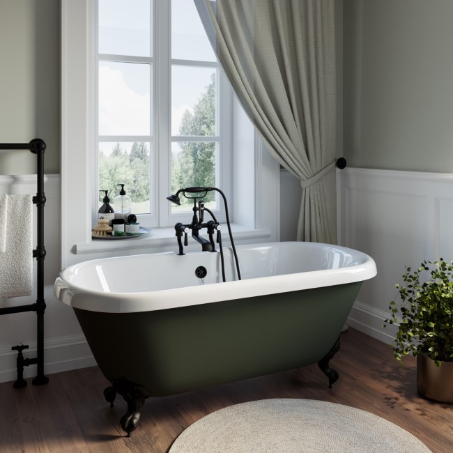 Grade A1 - Freestanding Dark Green Double Ended Roll Top Bath with Black Feet 1515 x 740mm - Park Royal