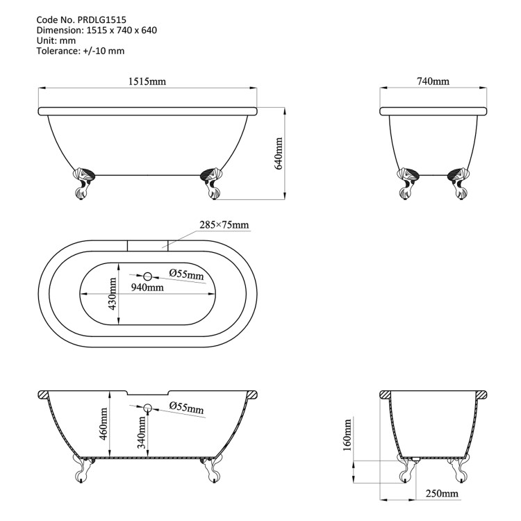 Freestanding Dark Green  Double Ended Roll Top Bath with Black Feet 1515 x 740mm - Park Royal