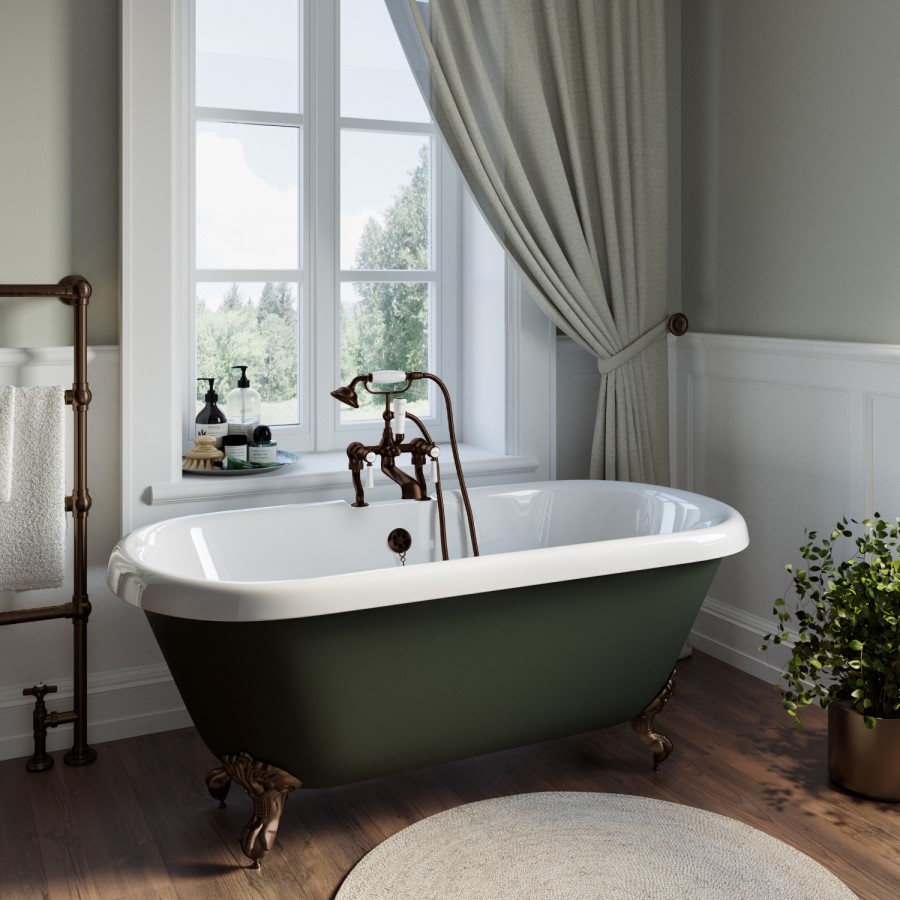 Freestanding Dark Green Double Ended Roll Top Bath with Bronze Feet 1515 x 740mm - Park Royal