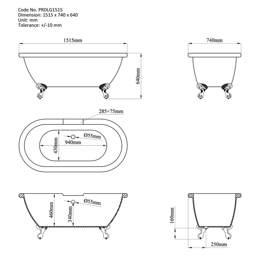 Freestanding Dark Green Double Ended Roll Top Bath with Bronze Feet 1515 x 740mm - Park Royal