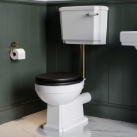 Close Coupled Traditional Low Level Short Projection Toilet with Black Wooden Soft Close Seat & Brass Fittings - Park Royal