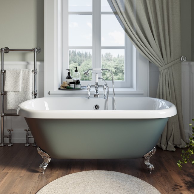 Grade A1 - Freestanding Light Green Double Ended Roll Top Bath with Chrome Feet 1515 x 740mm - Park Royal