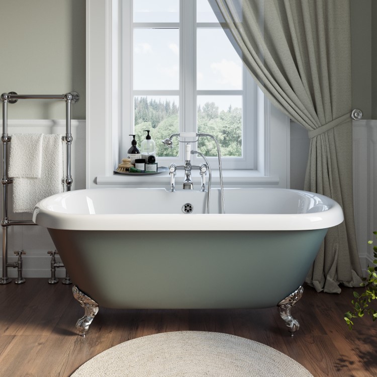 Freestanding Light Green Double Ended Roll Top Bath with Chrome Feet 1515 x 740mm - Park Royal