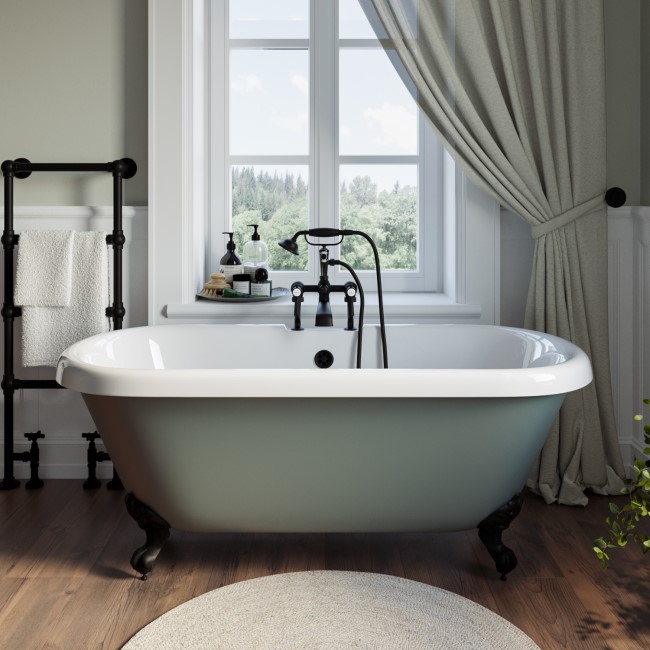 Grade A1 - Freestanding Light Green Double Ended Roll Top Bath with Black Feet 1515 x 740mm - Park Royal