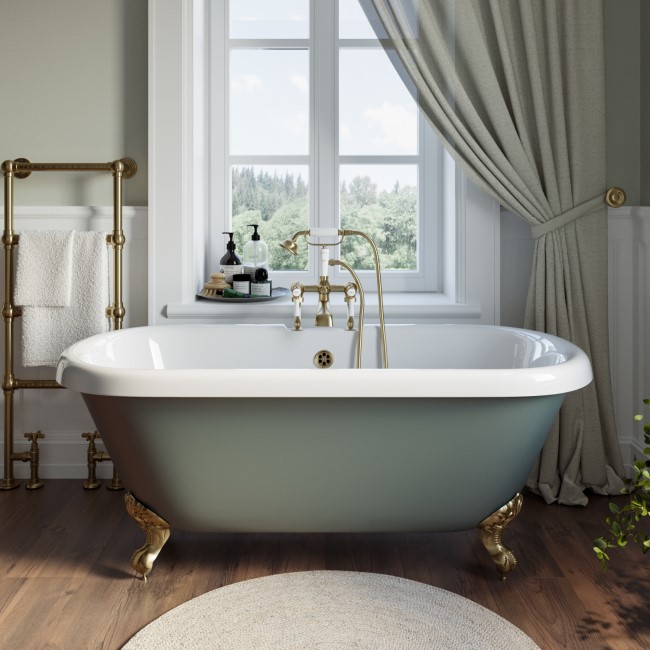 Grade A1 - Freestanding Light Green Double Ended Roll Top Bath with Brass Feet 1515 x 740mm - Park Royal