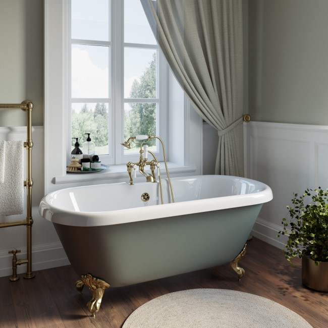 Grade A1 - Freestanding Light Green Double Ended Roll Top Bath with Brass Feet 1515 x 740mm - Park Royal