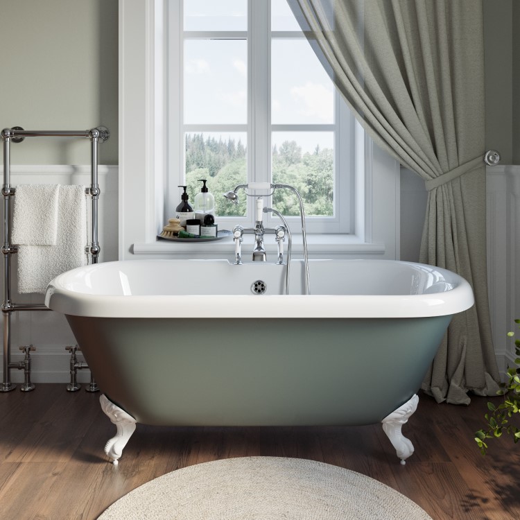 Freestanding Light Green Double Ended Roll Top Bath with White Feet 1515 x 740mm - Park Royal