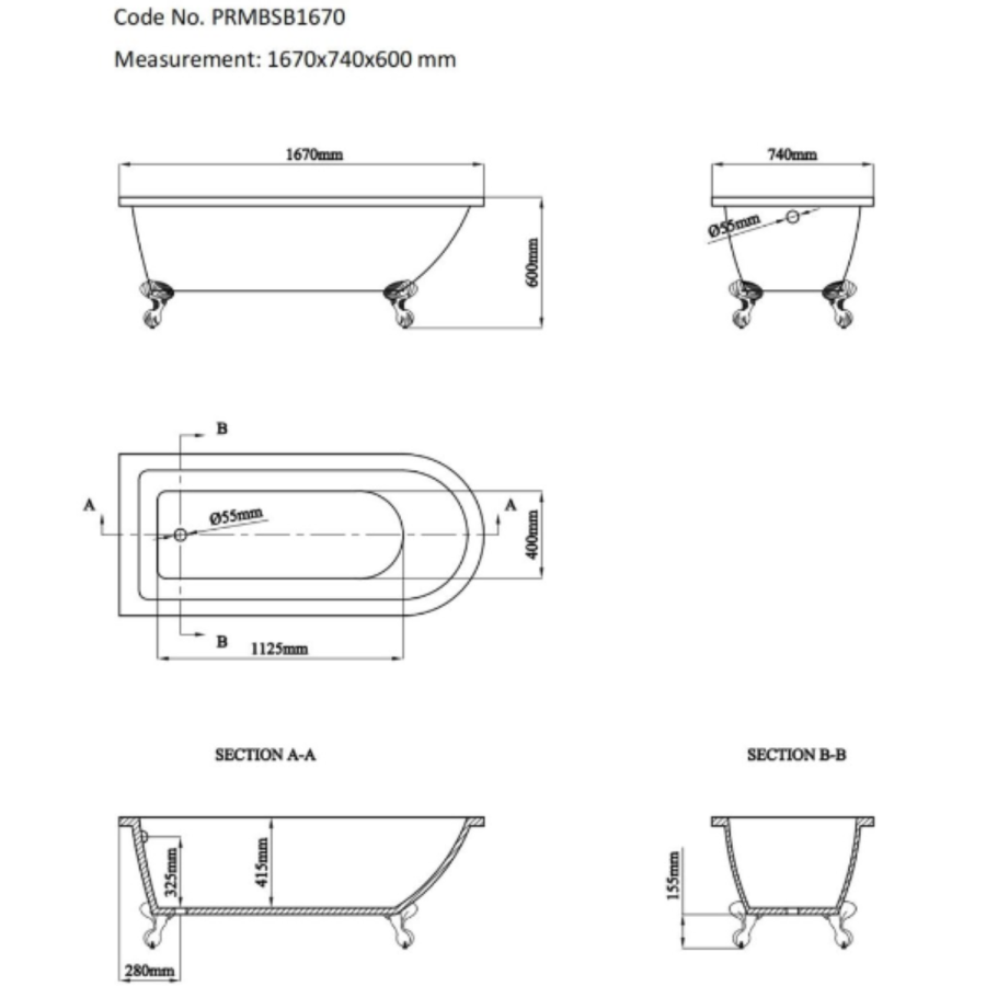 Black Freestanding Single Ended Bath with Chrome Feet 1670 x 740mm - Park Royal