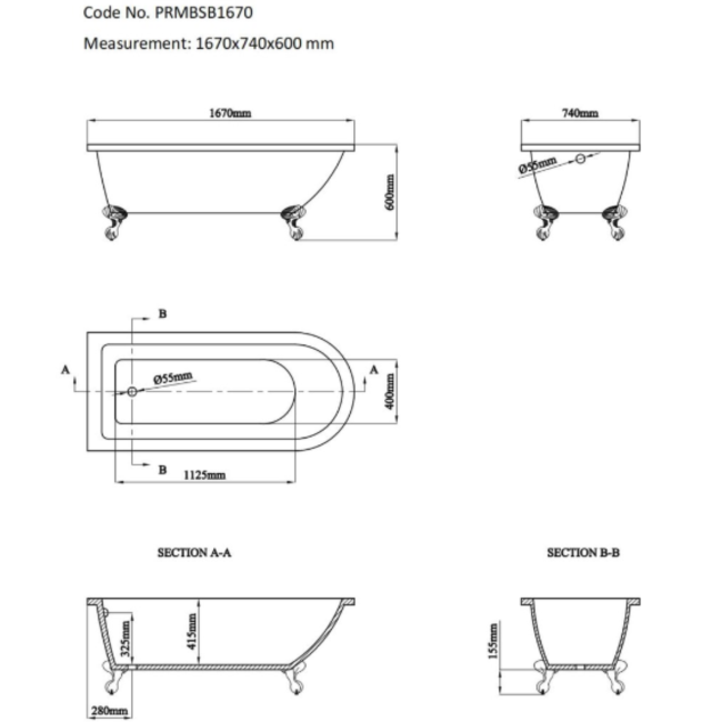 Black Freestanding Single Ended Bath with White Feet 1670 x 740mm - Park Royal