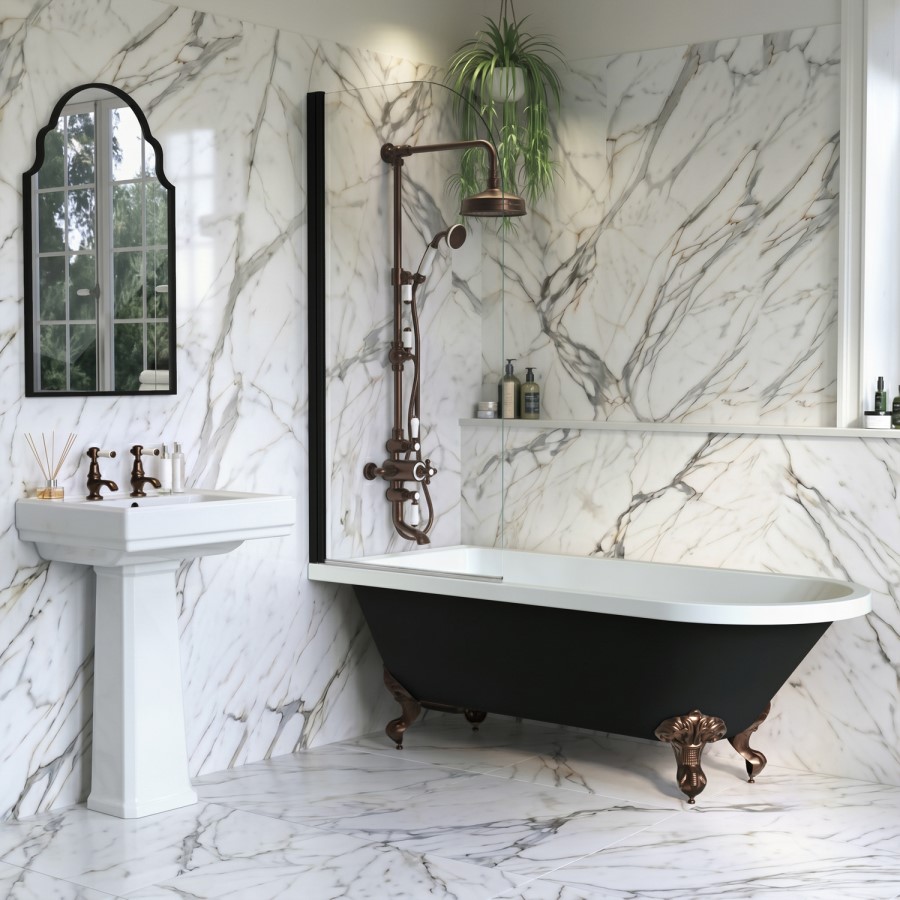 Black Freestanding Single Ended Shower Bath with Bronze Feet & Black Bath Screen 1670 x 740mm - Park Royal