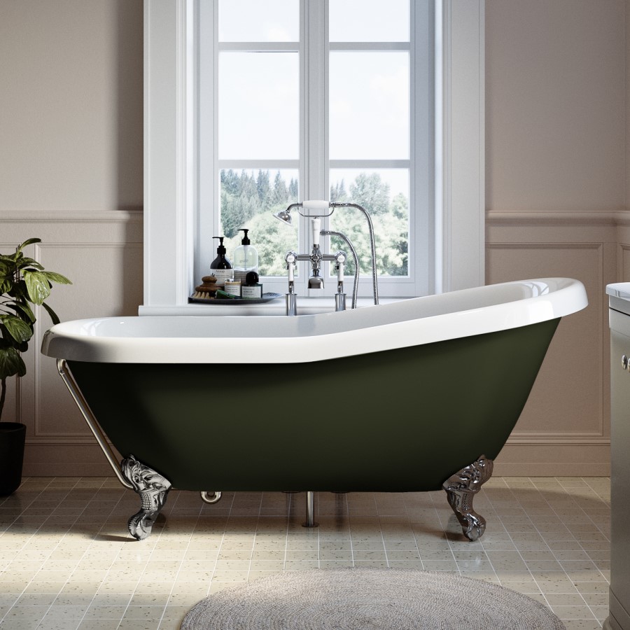 Dark Green Freestanding Single Ended Roll Top Slipper Bath with Chrome Feet 1615 x 690mm - Park Royal