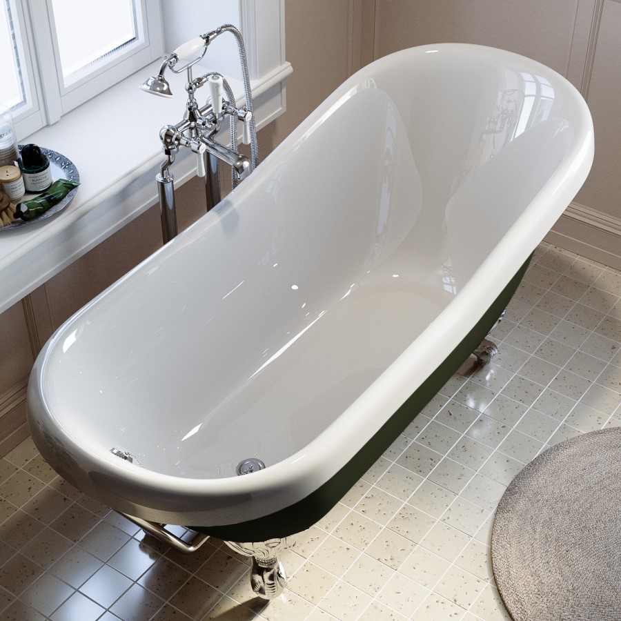 Dark Green Freestanding Single Ended Roll Top Slipper Bath with Chrome Feet 1615 x 690mm - Park Royal