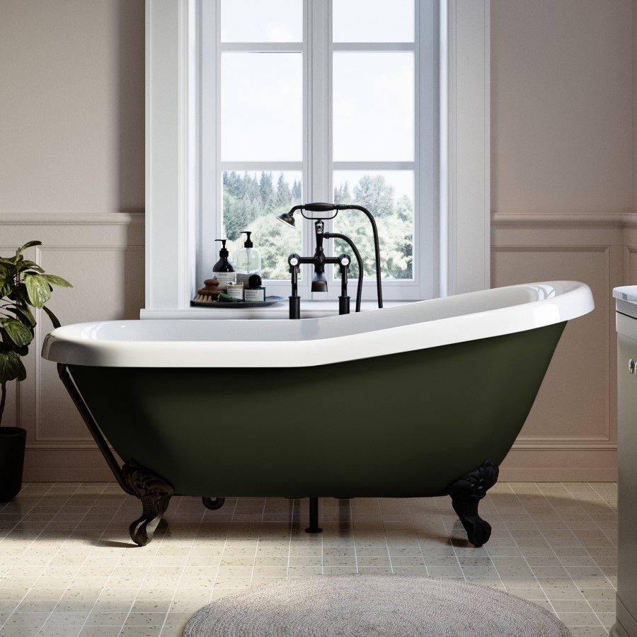 Dark Green Freestanding Single Ended Roll Top Slipper Bath with Black Feet 1615 x 690mm - Park Royal