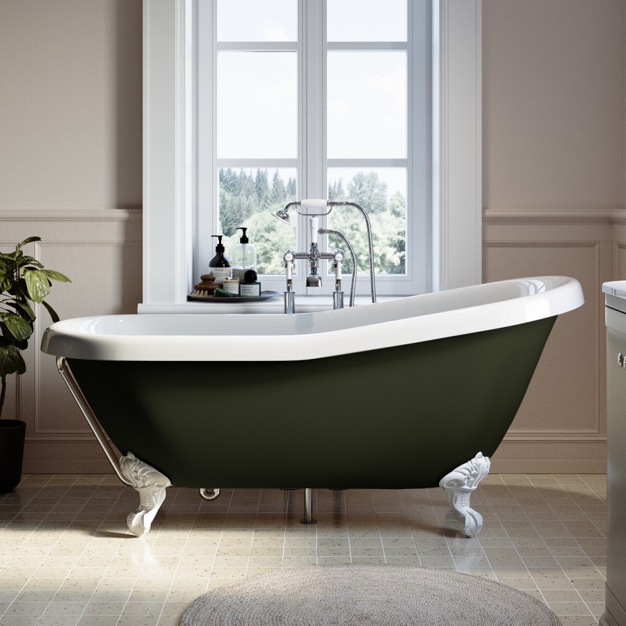 Dark Green Freestanding Single Ended Roll Top Slipper Bath with White Feet 1615 x 690mm - Park Royal