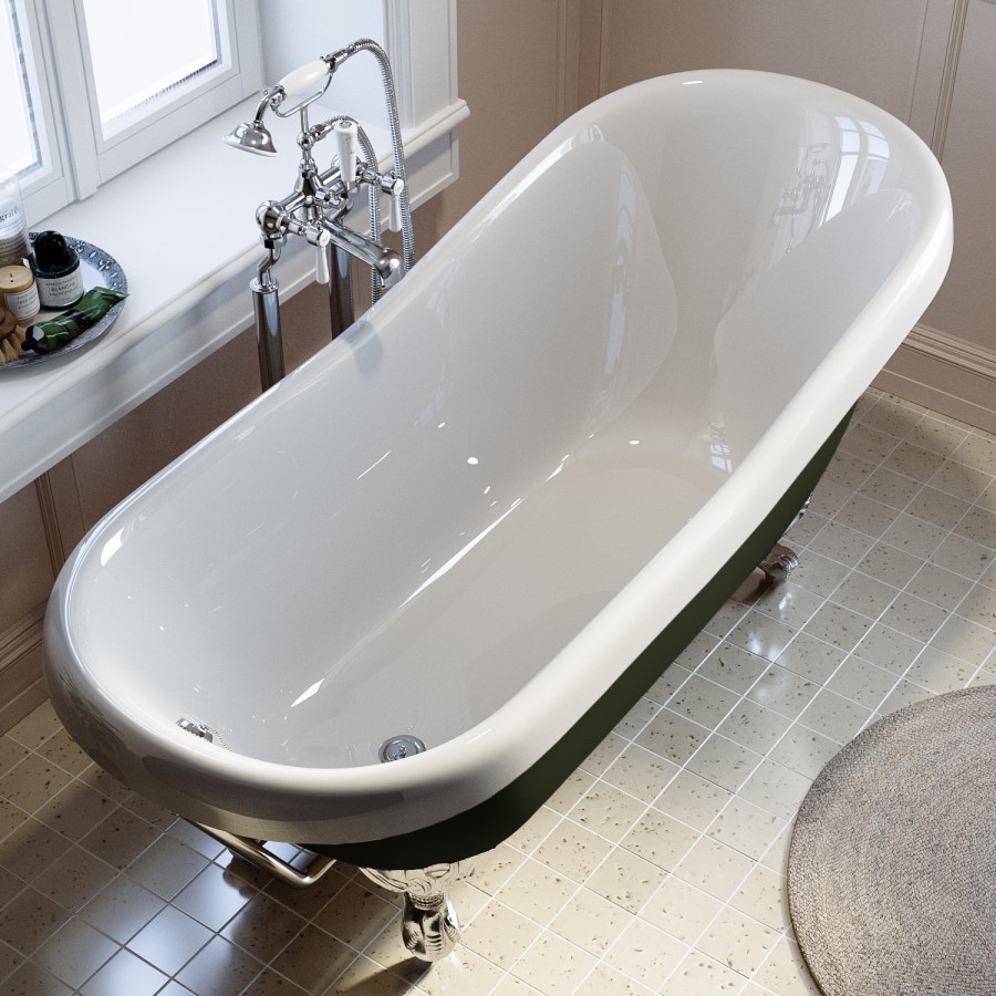 Dark Green Freestanding Single Ended Roll Top Slipper Bath with White Feet 1615 x 690mm - Park Royal