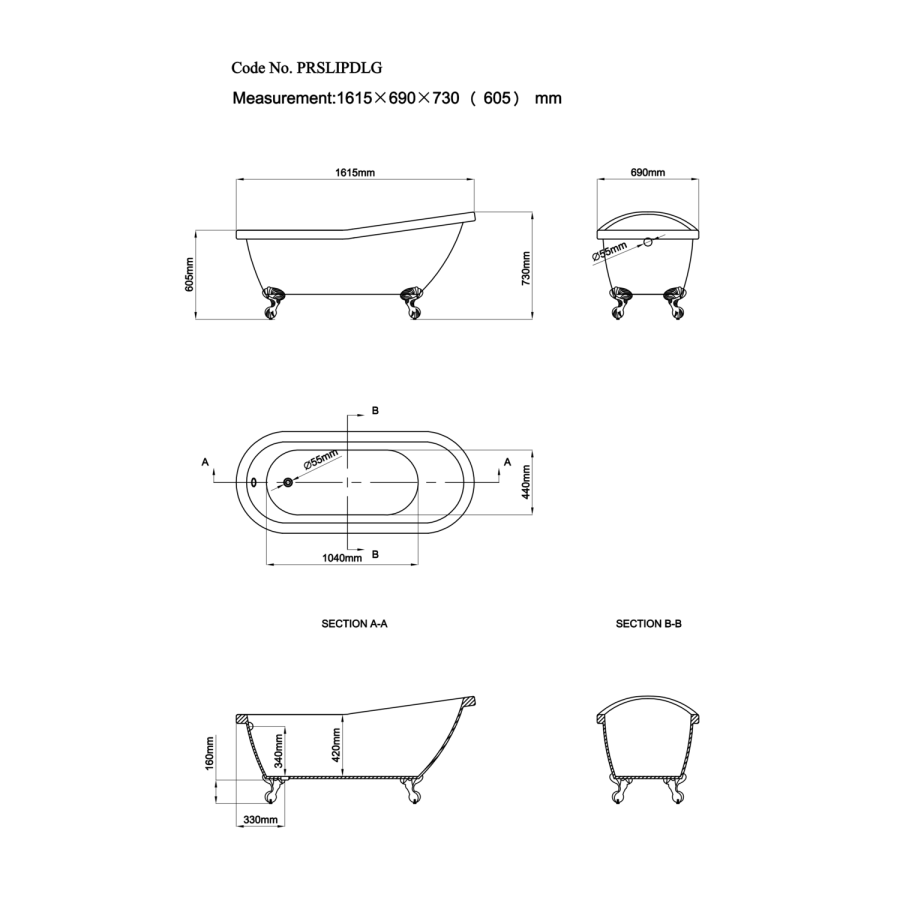Dark Green Freestanding Single Ended Roll Top Slipper Bath with White Feet 1615 x 690mm - Park Royal