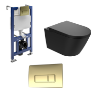 Matt Black Wall Hung Smart Bidet Japanese Toilet & 820mm Frame Cistern with Brushed Brass Pneumatic Flush Plate - Purificare