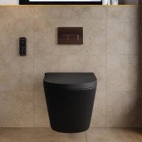 Matt Black Wall Hung Smart Bidet Japanese Toilet & 820mm Frame Cistern with Brushed Bronze Pneumatic Flush Plate - Purificare