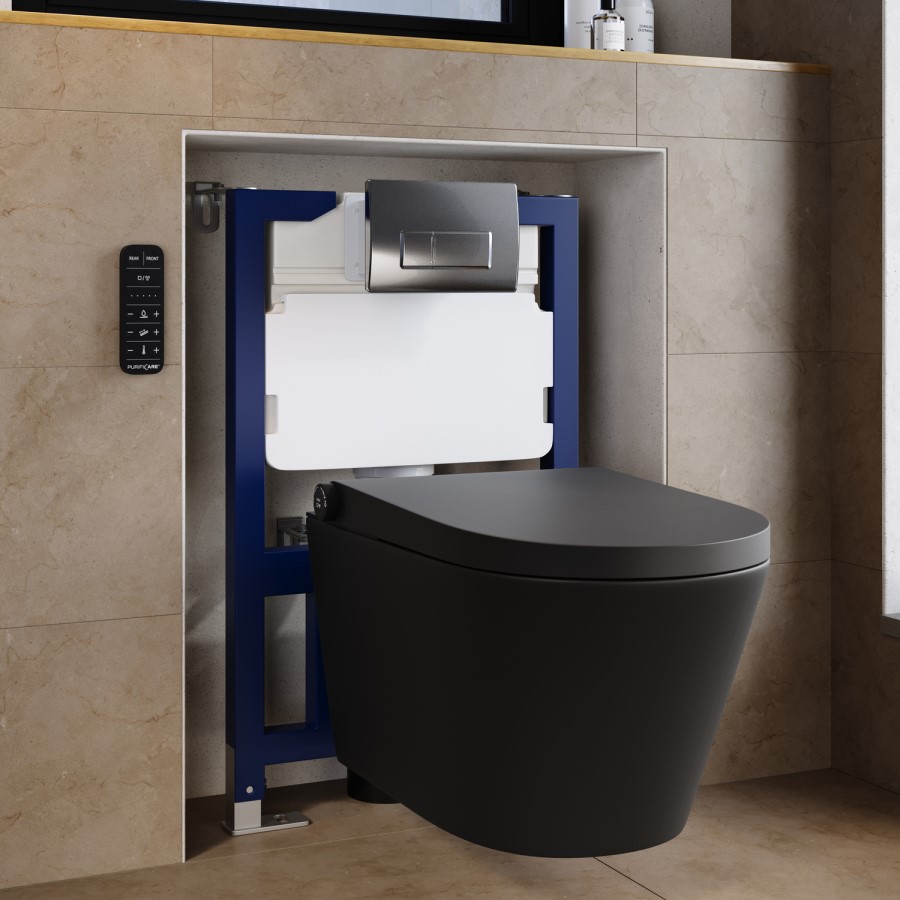 Matt Black Wall Hung Smart Bidet Japanese Toilet & 820mm Frame Cistern with Polished Chrome  Pneumatic Flush Plate - Purificare