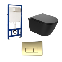 Matt Black Wall Hung Smart Bidet Japanese Toilet & 1160mm Frame Cistern with Brushed Brass Pneumatic Flush Plate - Purificare