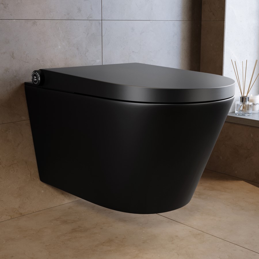 Matt Black Wall Hung Smart Bidet Japanese Toilet & 820mm Frame Cistern with Matt Black Pneumatic Flush Plate - Purificare