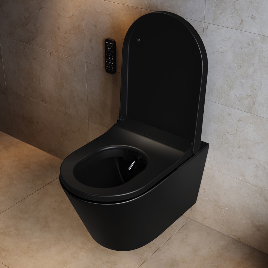 Matt Black Wall Hung Smart Bidet Japanese Toilet & 820mm Frame Cistern with Matt Black Pneumatic Flush Plate - Purificare