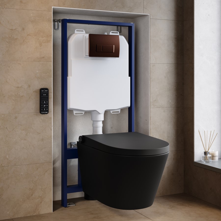 Matt Black Wall Hung Smart Bidet Japanese Toilet & 1160mm Frame Cistern with Brushed Bronze Pneumatic Flush Plate - Purificare